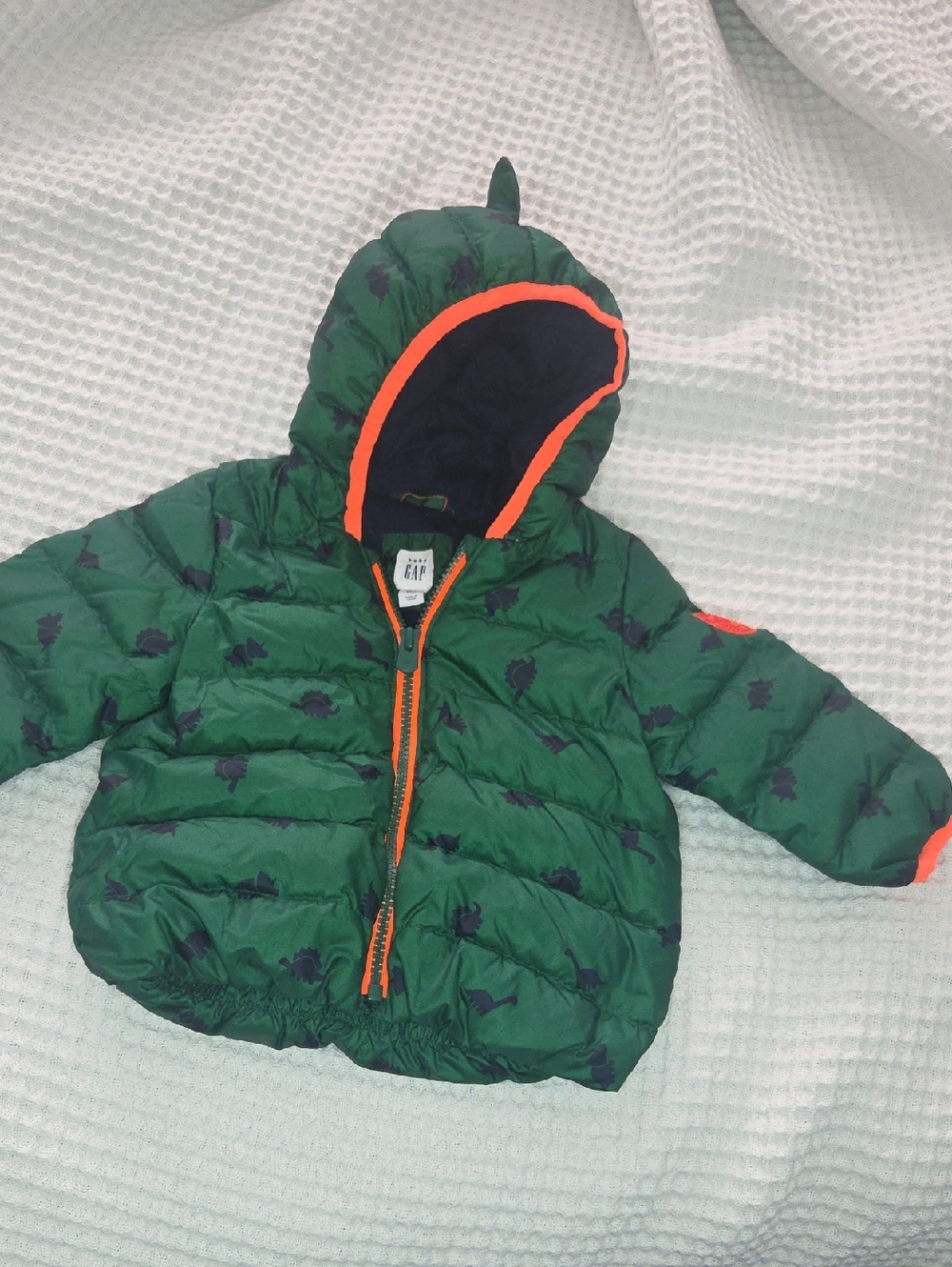 GAP Green Dinosaur Puffer Jacket with Orange Trim - Baby Size 6-12